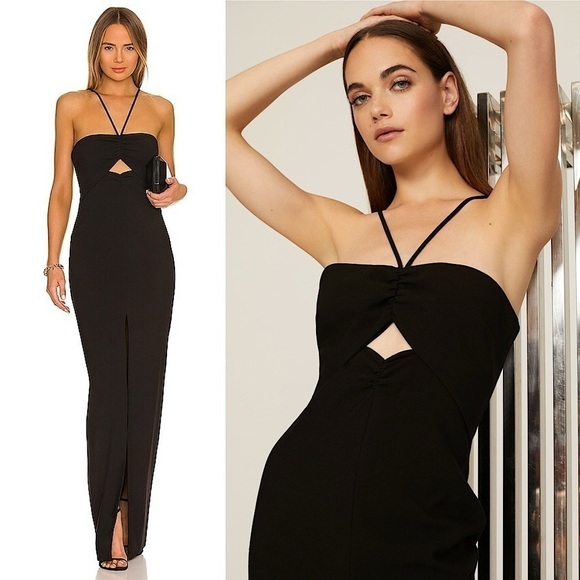 LIKELY Ruched Halter Neck Cutout Bodice Sleeveless Front Slit Column Maxi Gown 8 - Picture 1 of 9
